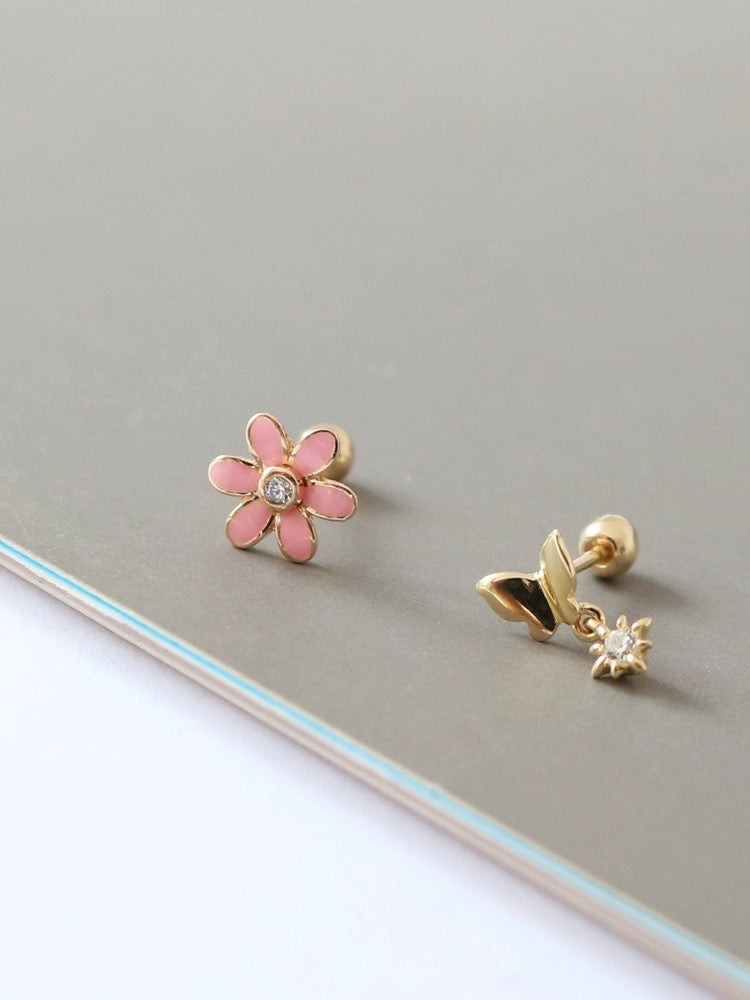 Asymmetric Flower & Butterfly Stud Earrings