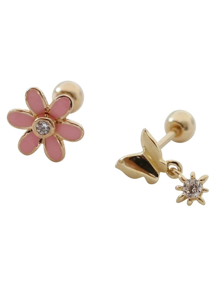 Asymmetric Flower & Butterfly Stud Earrings