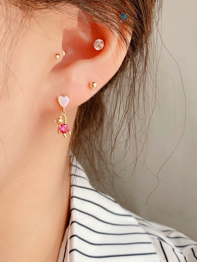 Pink Hanging Heart Bear Stud Earrings