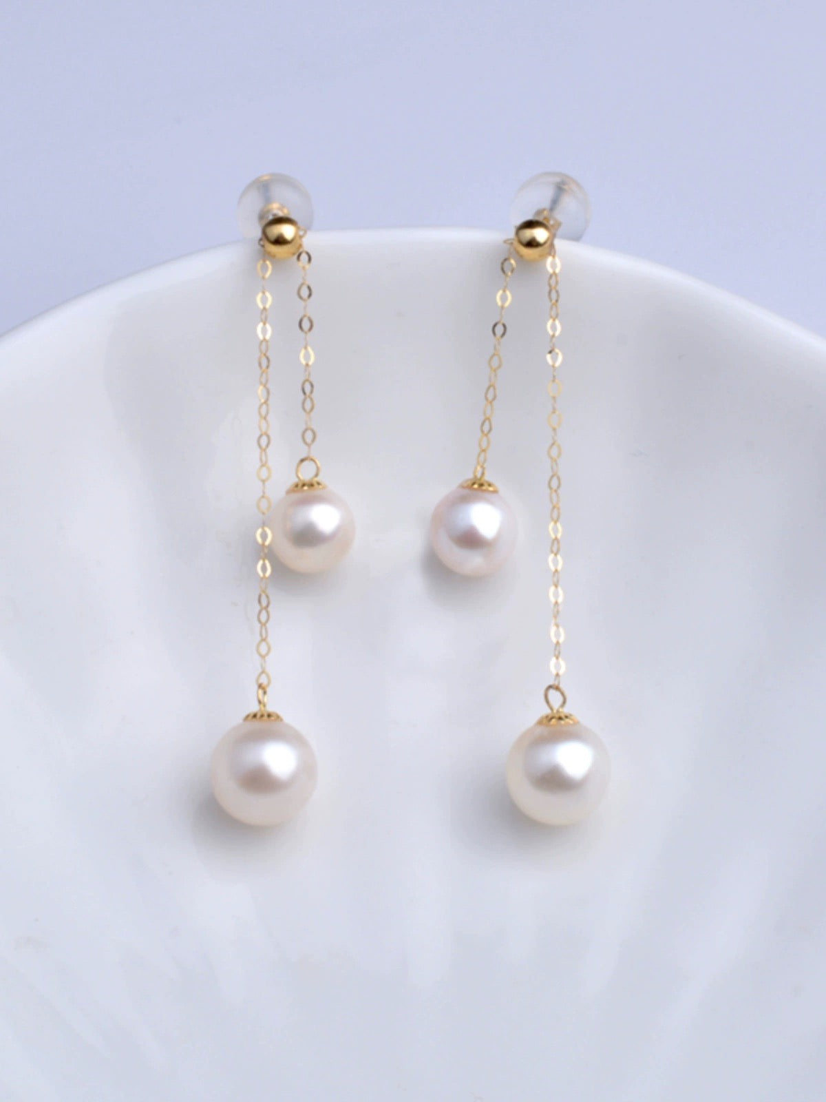 Twin Akoya Pearls Chain Stud Earrings