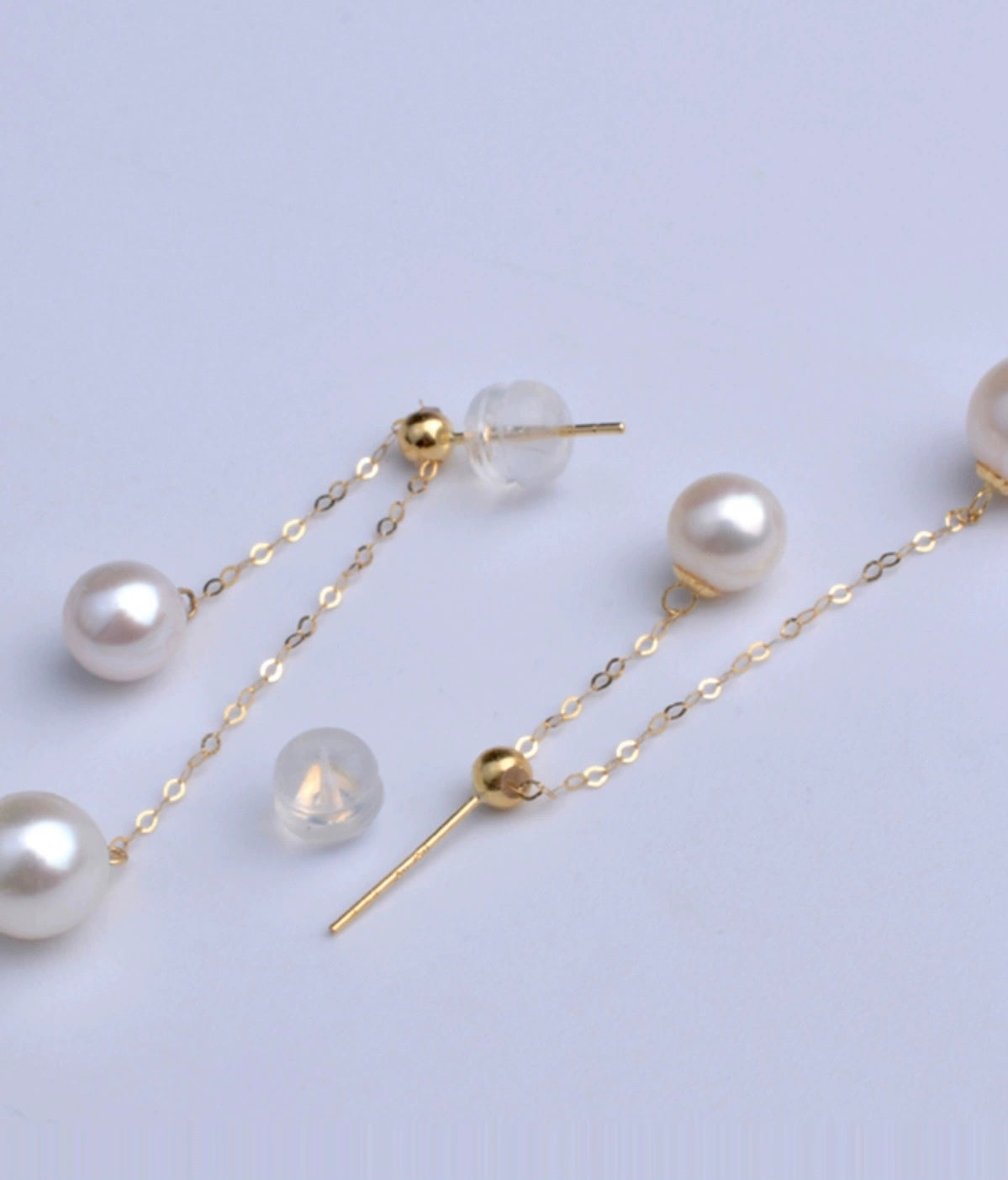 Twin Akoya Pearls Chain Stud Earrings