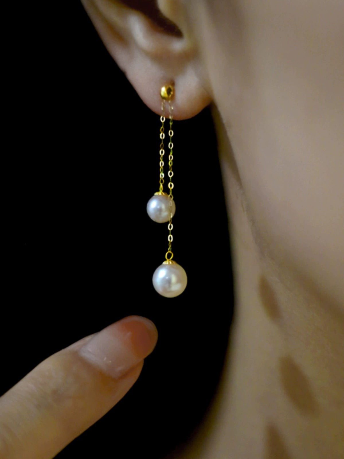 Twin Akoya Pearls Chain Stud Earrings