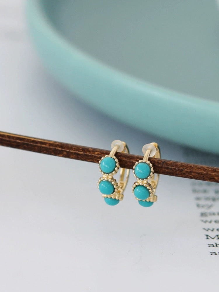 Three Beaded Turquoise Stone Huggie Hoops