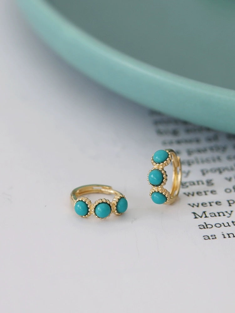 Three Beaded Turquoise Stone Huggie Hoops