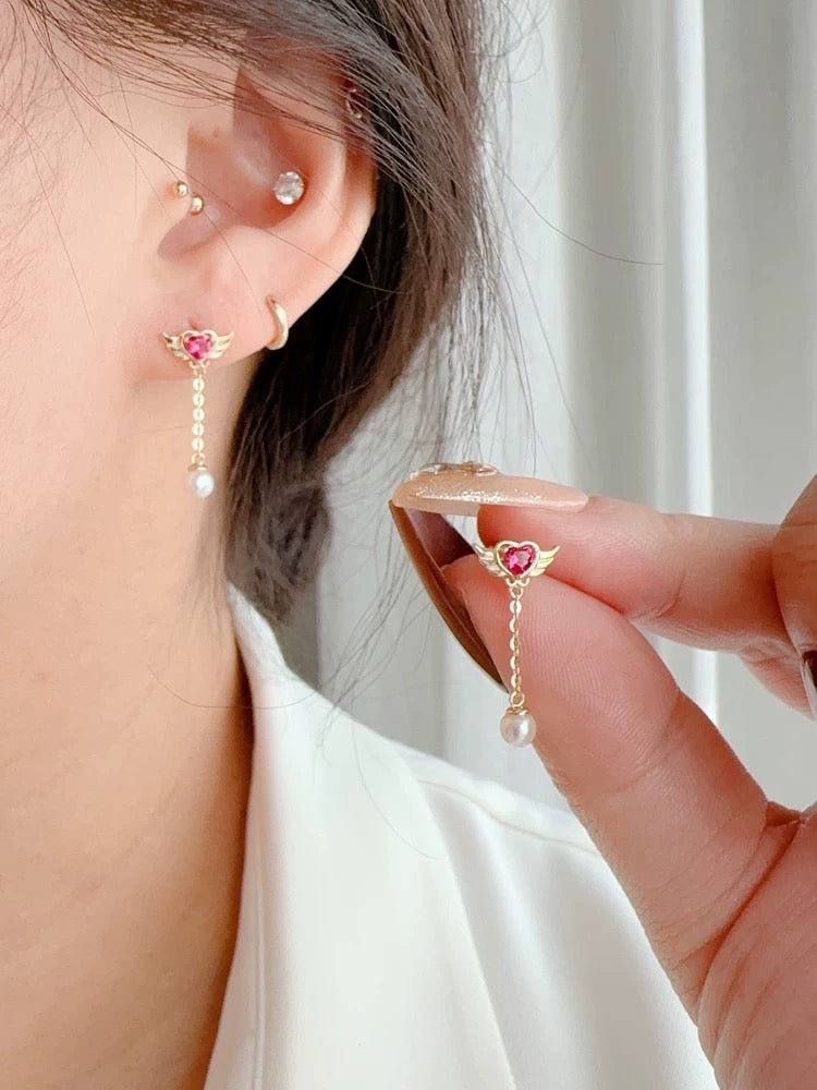 Pink Thunder Chain Pearl Stud Earrings