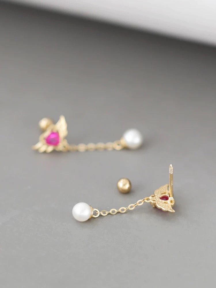 Pink Thunder Chain Pearl Stud Earrings