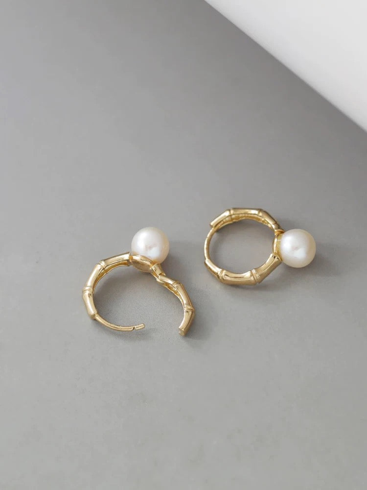 Bamboo Frame Pearl Hoop Earrings