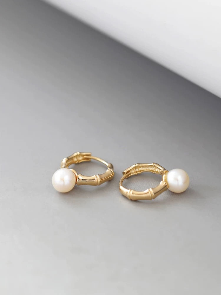 Bamboo Frame Pearl Hoop Earrings