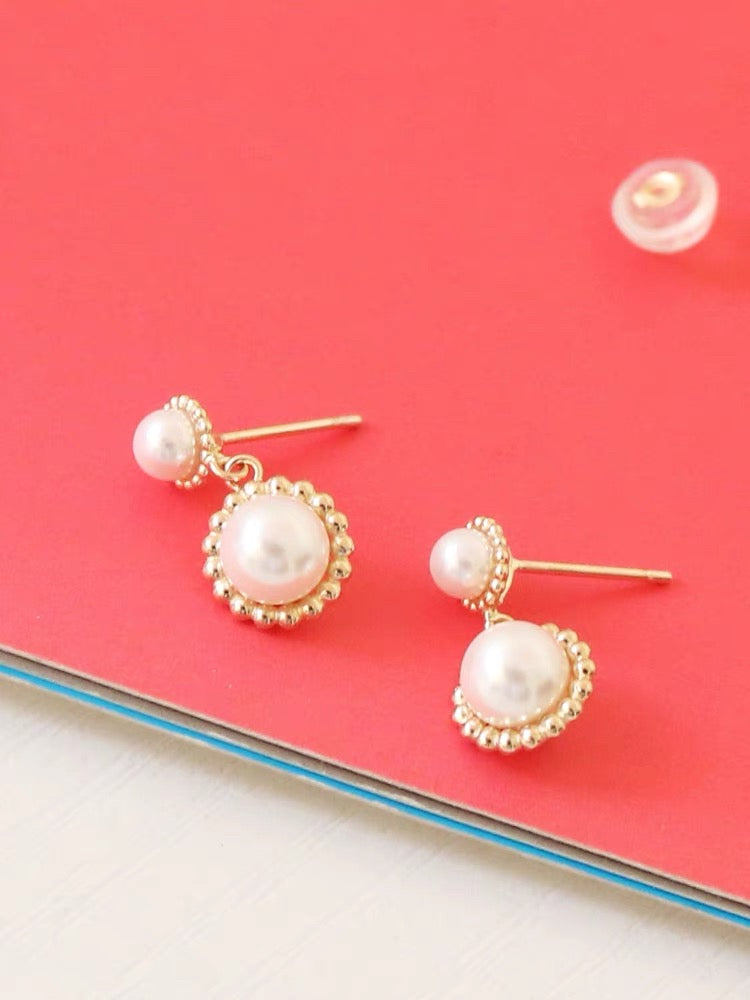 Double Beaded Pearl Sun Stud Earrings