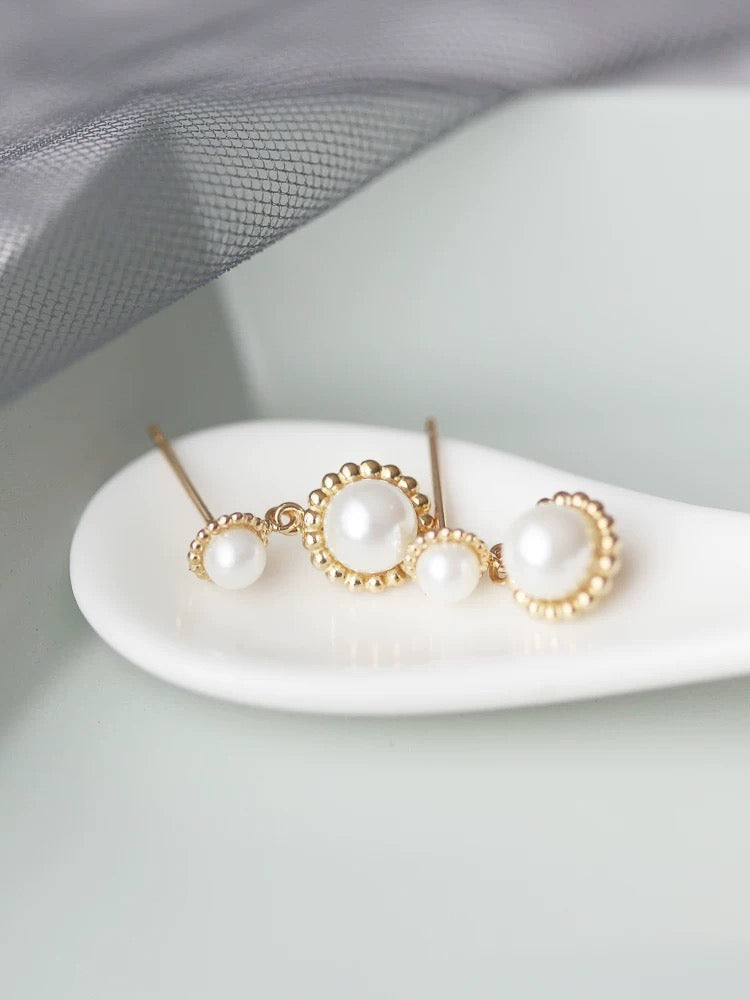 Double Beaded Pearl Sun Stud Earrings