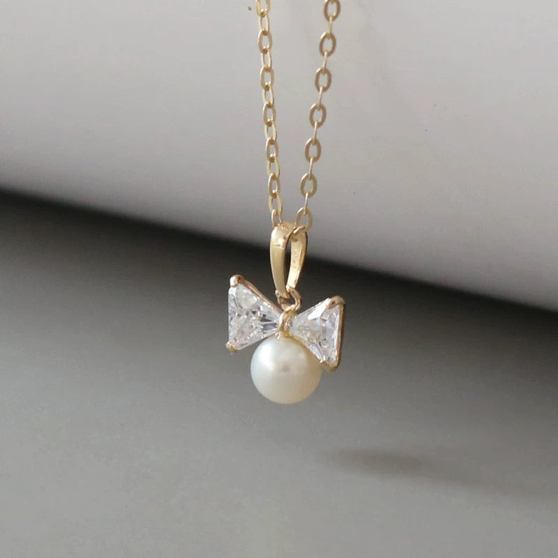 Bow Tie Pearl Charm Necklace