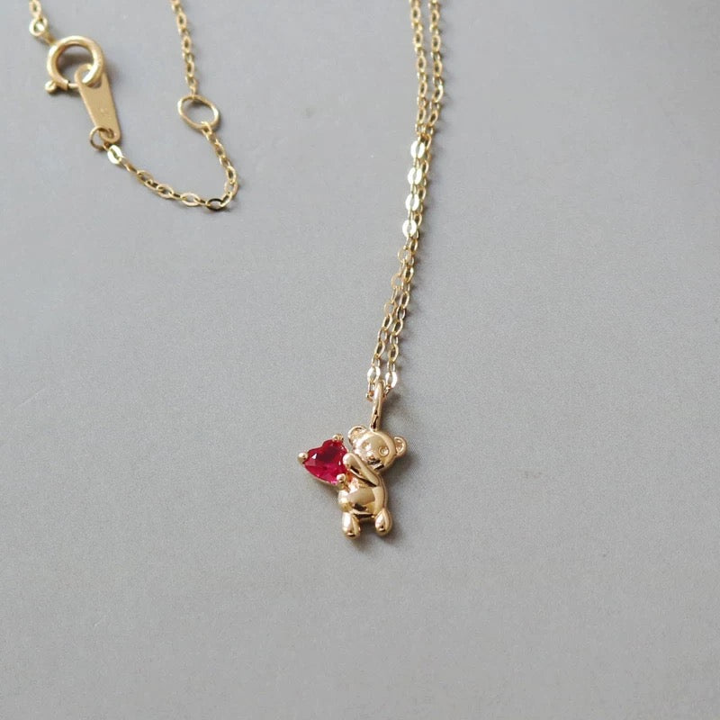 Pink Heart Bear Charm Necklace