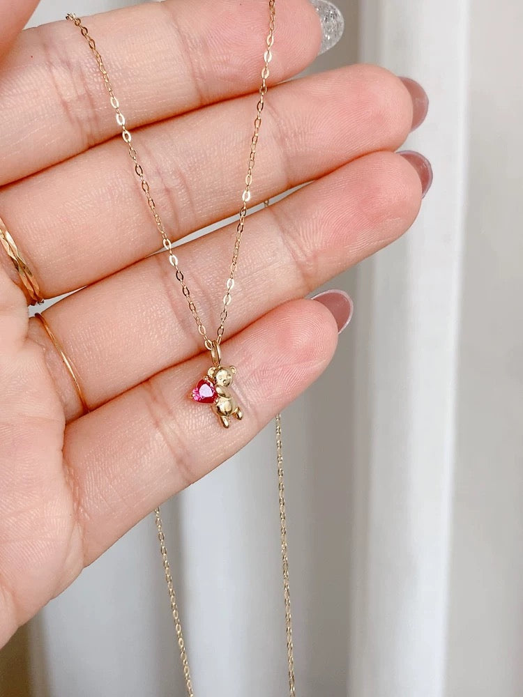 Pink Heart Bear Charm Necklace