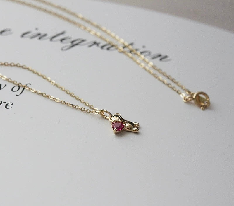 Pink Heart Bear Charm Necklace