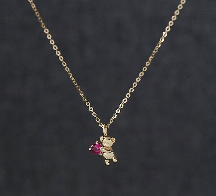 Pink Heart Bear Charm Necklace