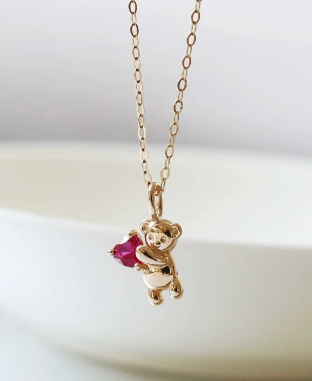 Pink Heart Bear Charm Necklace