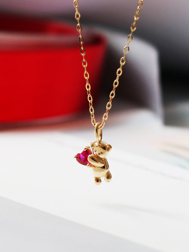 Pink Heart Bear Charm Necklace