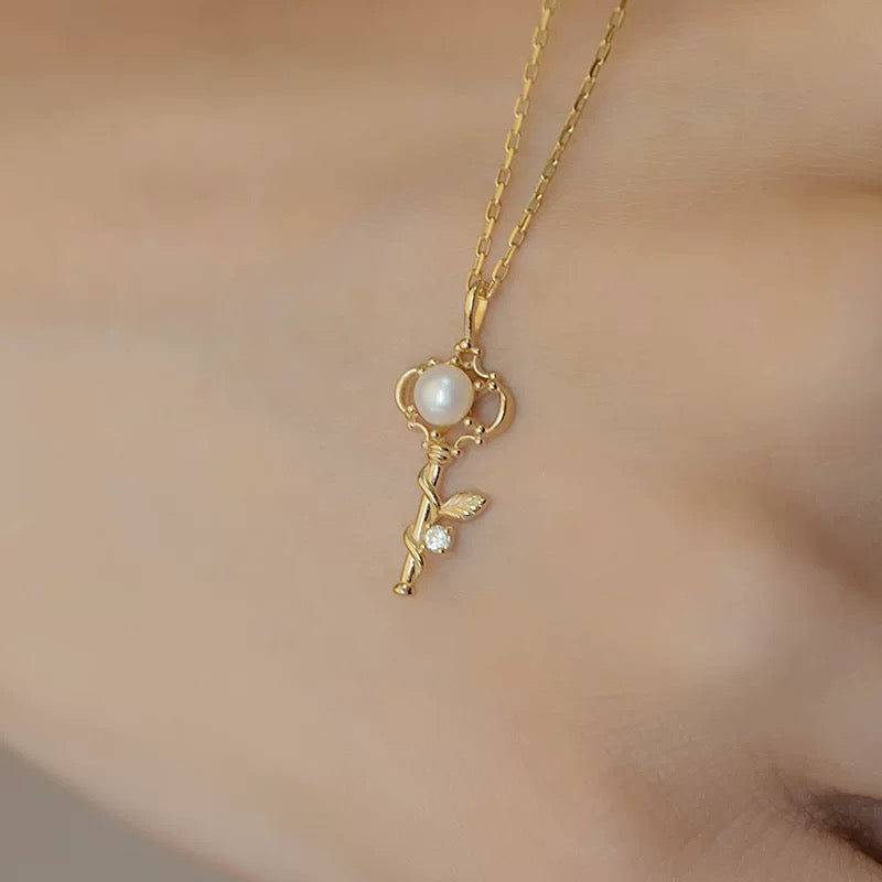 Fairytale Pearl Key Charm Necklace