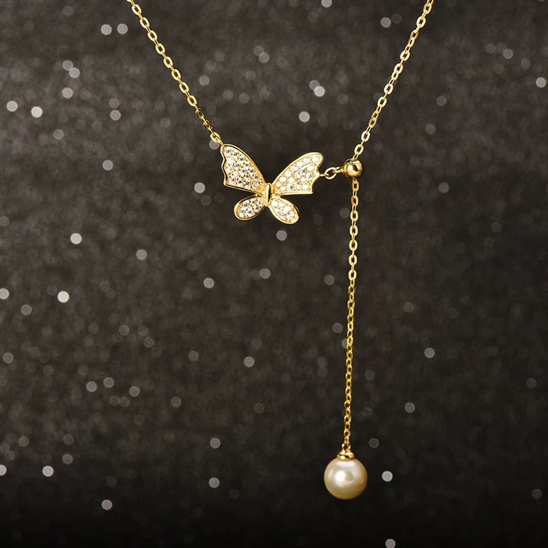 Adjustable Studded Butterfly Pearl Necklace