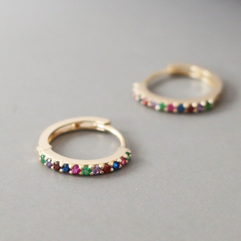 Rainbow Pave Huggie Hoops