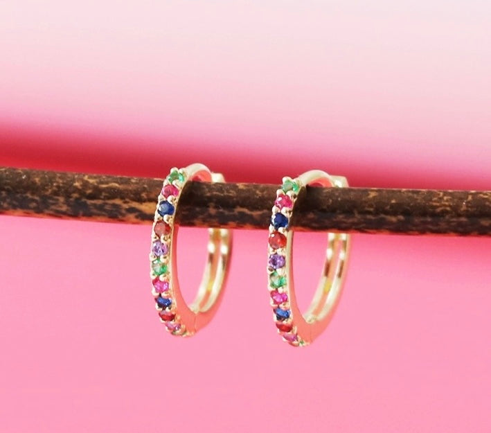 Rainbow Pave Huggie Hoops