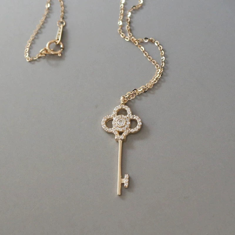 Studded Petal Key Charm Necklace