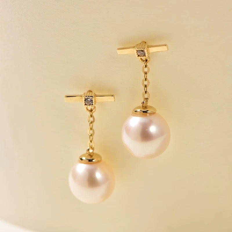 Bar Drop Chain Akoya Pearl Stud Earrings