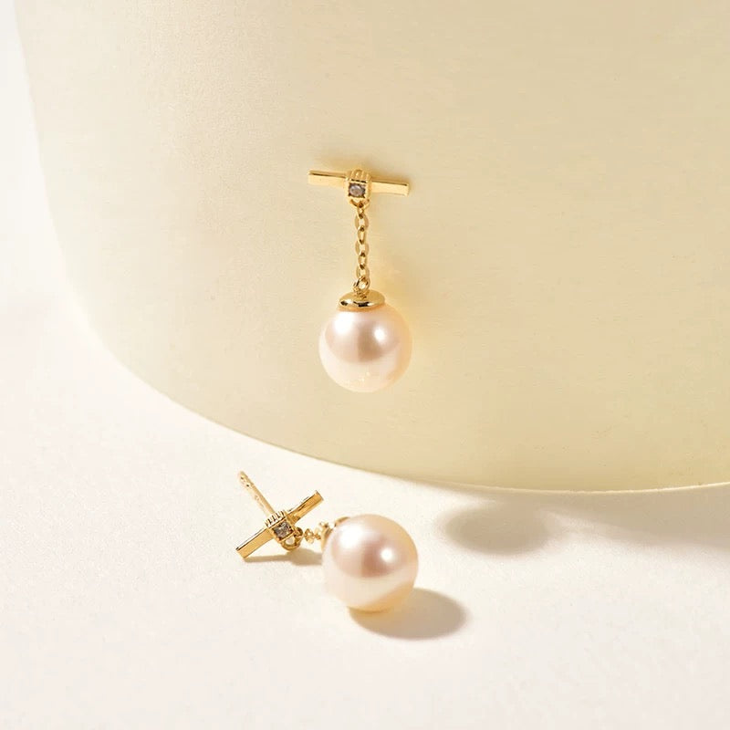 Bar Drop Chain Akoya Pearl Stud Earrings