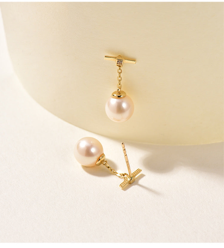 Bar Drop Chain Akoya Pearl Stud Earrings