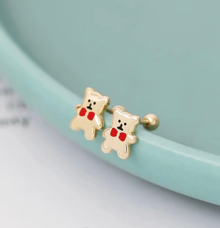 Red Tie Bear Plate Stud Earrings