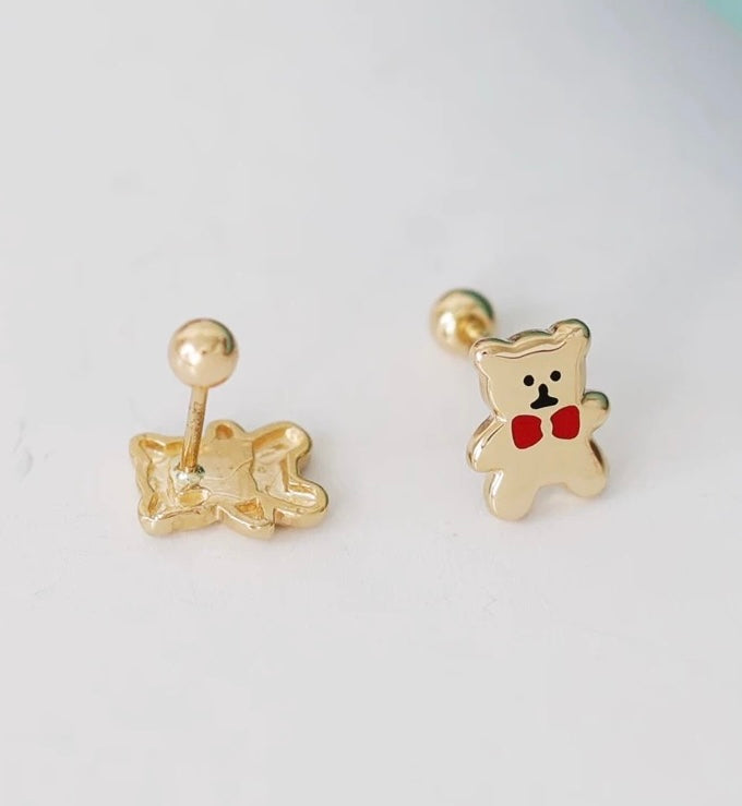 Red Tie Bear Plate Stud Earrings