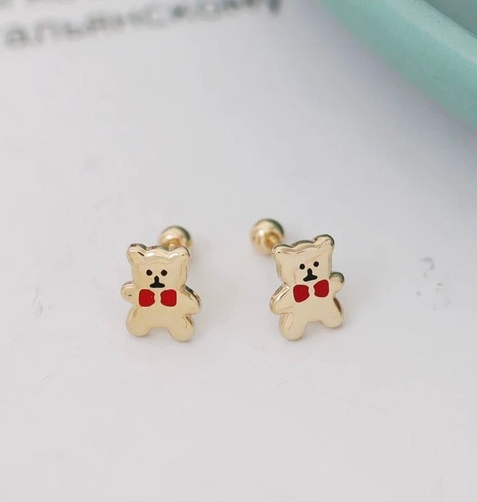 Red Tie Bear Plate Stud Earrings