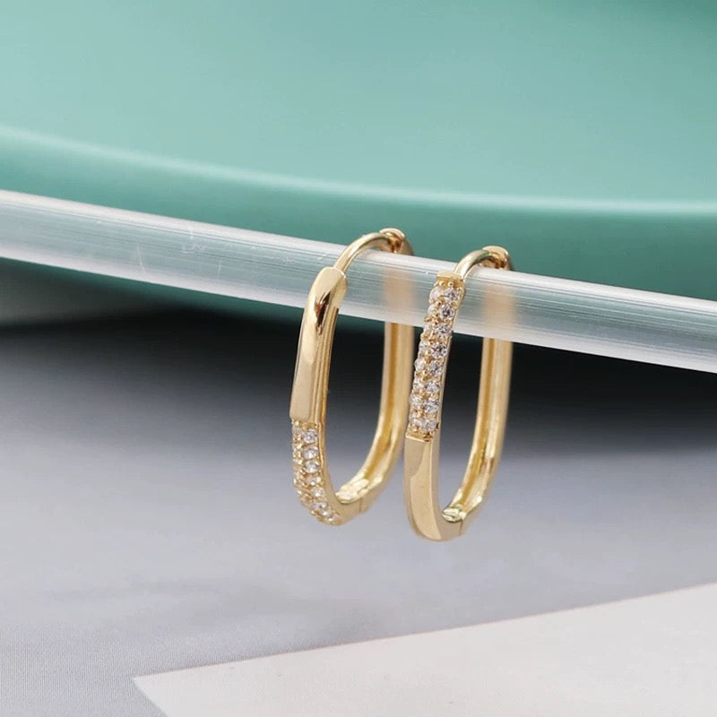 Pave Corner Oval Hoop Earrings