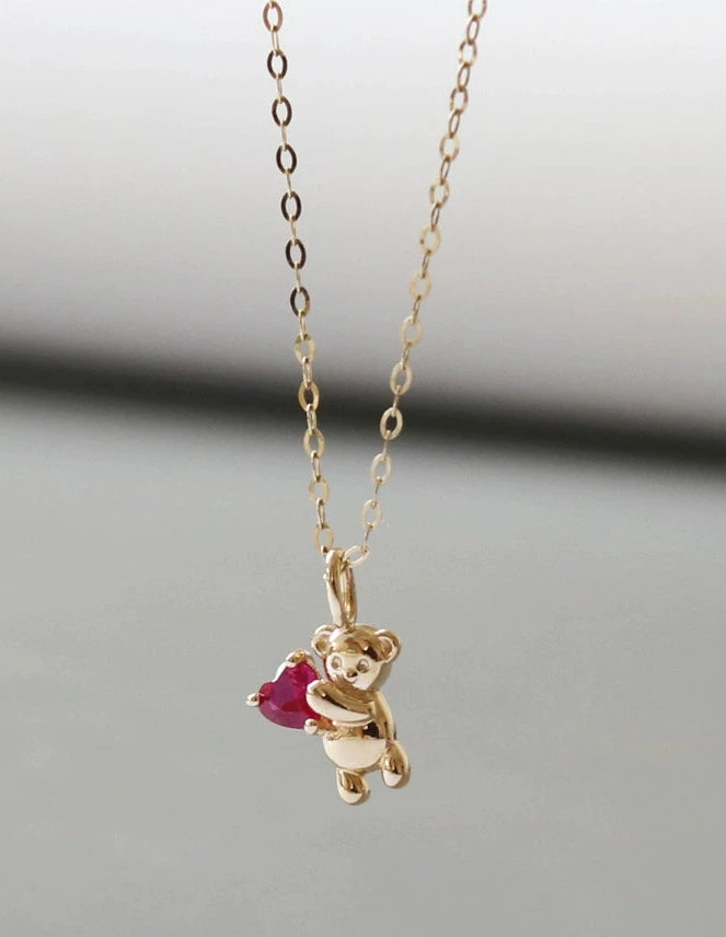 Pink Heart Bear Charm Necklace