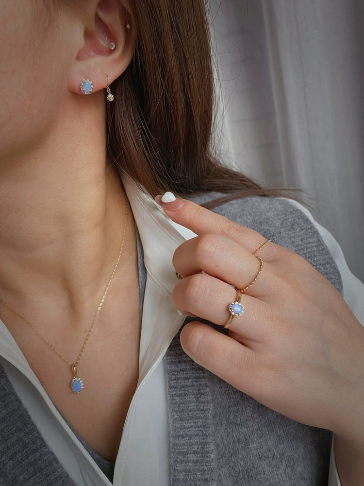 Beaded Aquamarine Stone Stud Earrings