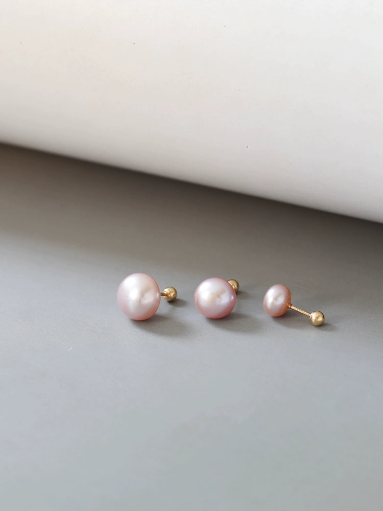 Pinky Pearl Button Stud Earrings