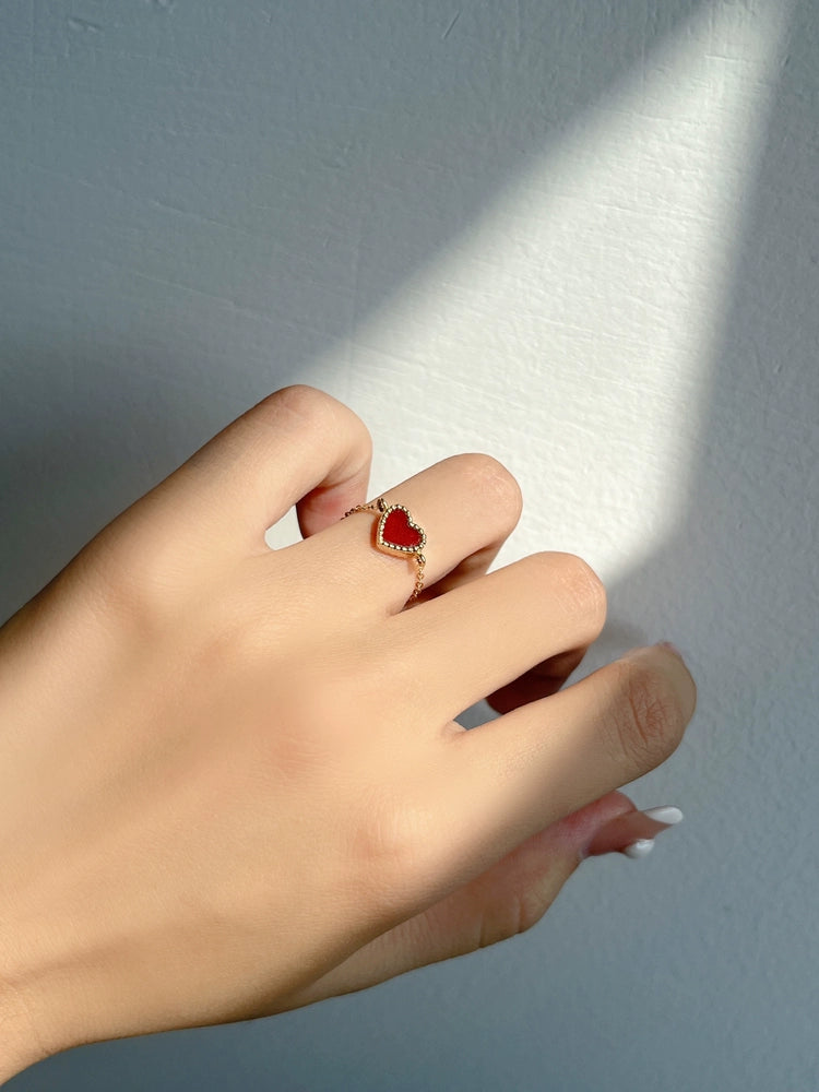 Adjustable Beaded Red Agate Heart Chain Stackable Ring