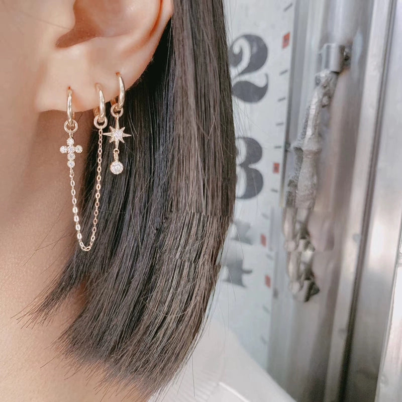 One Piece Huggie Hoops Cross Chain Earrings