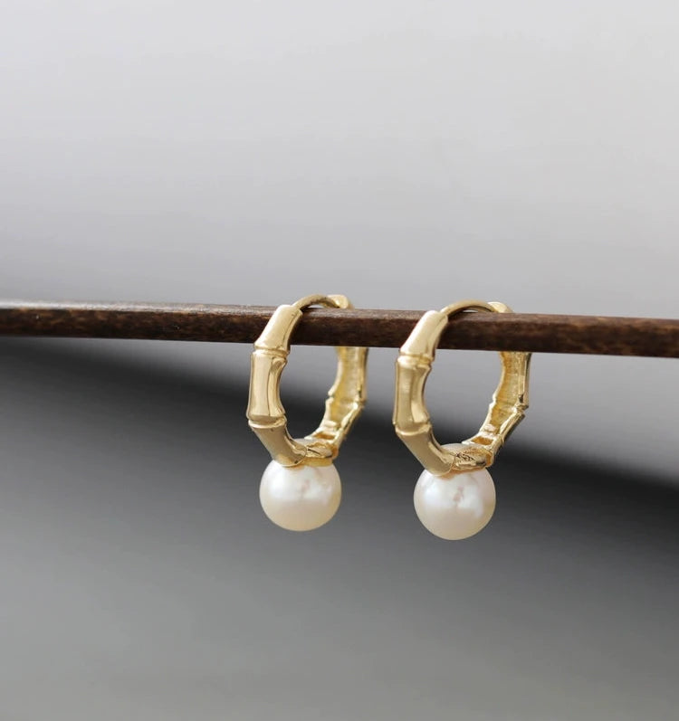 Bamboo Frame Pearl Hoop Earrings