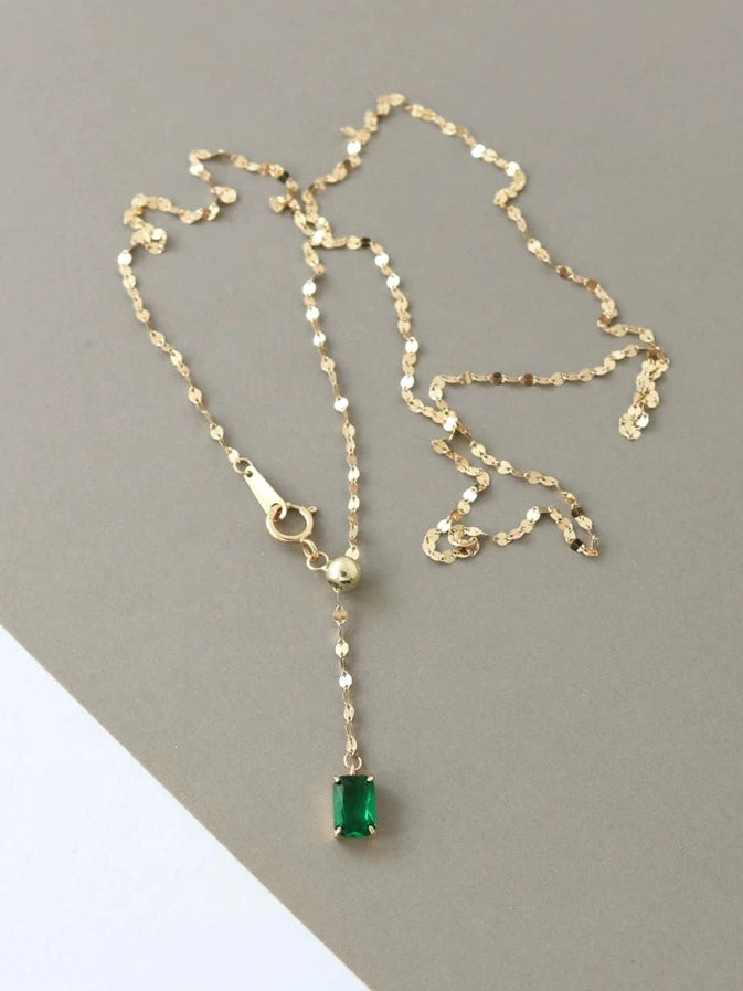 Green Gem Sequinned Chain Lariat Necklace