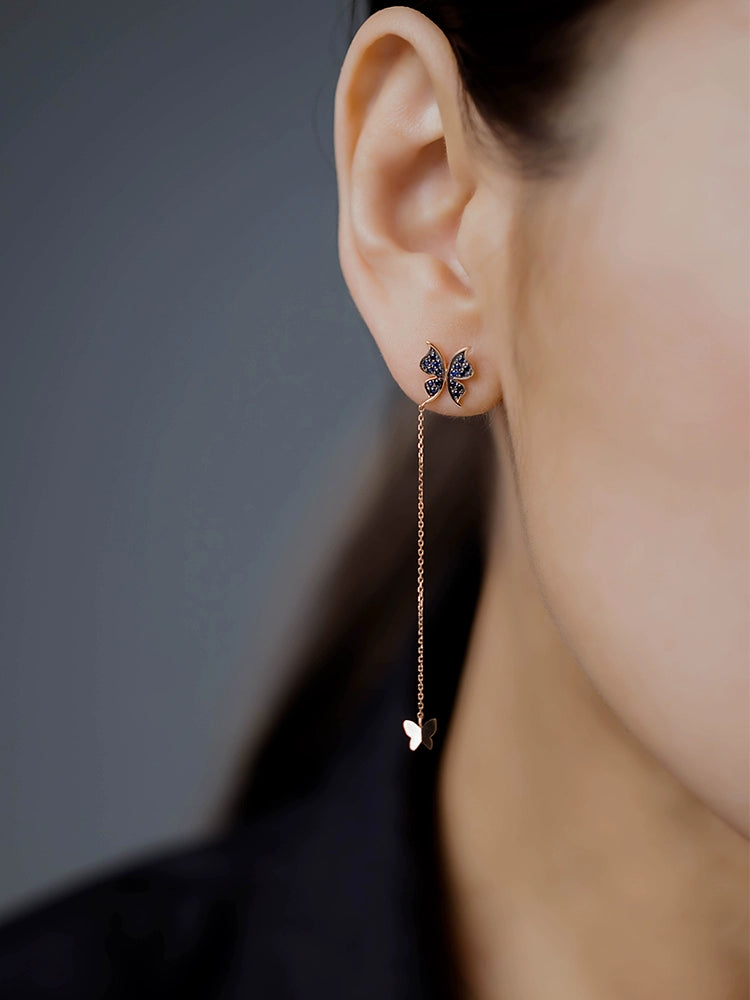 Sapphire Butterfly Chain Drop Stud Earrings