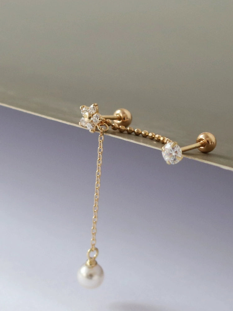 One Piece Two Chain Star Pearl Stud Earring