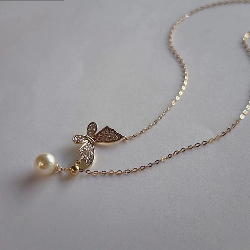 Adjustable Studded Butterfly Pearl Necklace