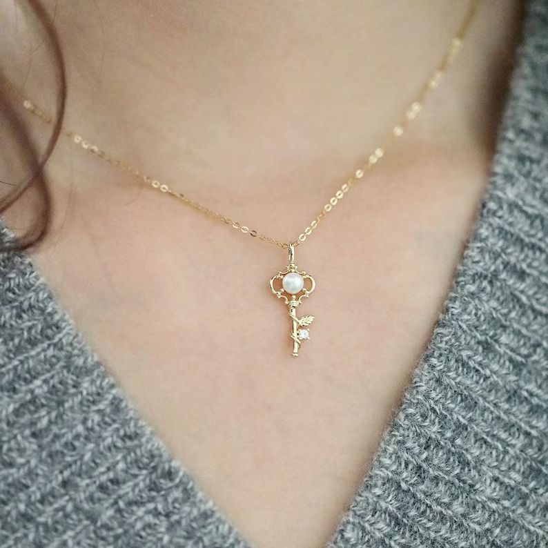 Fairytale Pearl Key Charm Necklace