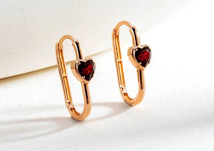 Red Garnet Heart Oval Hoop Earrings