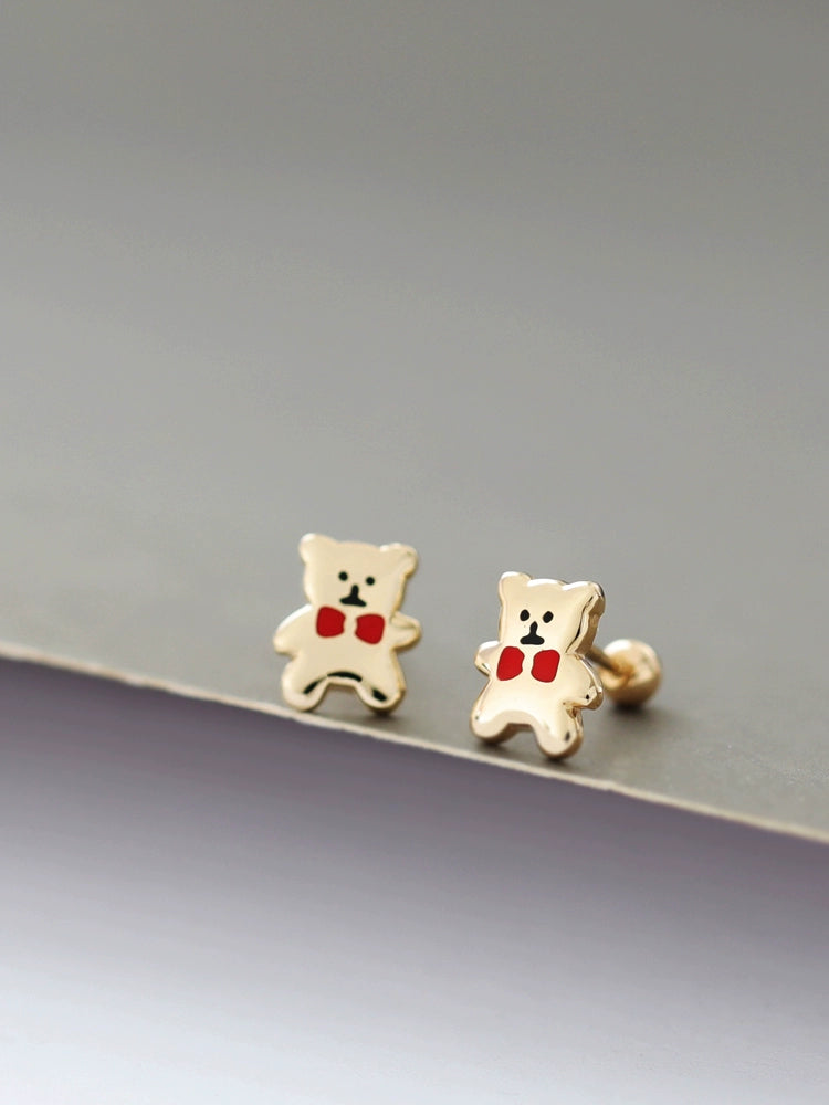 Red Tie Bear Plate Stud Earrings