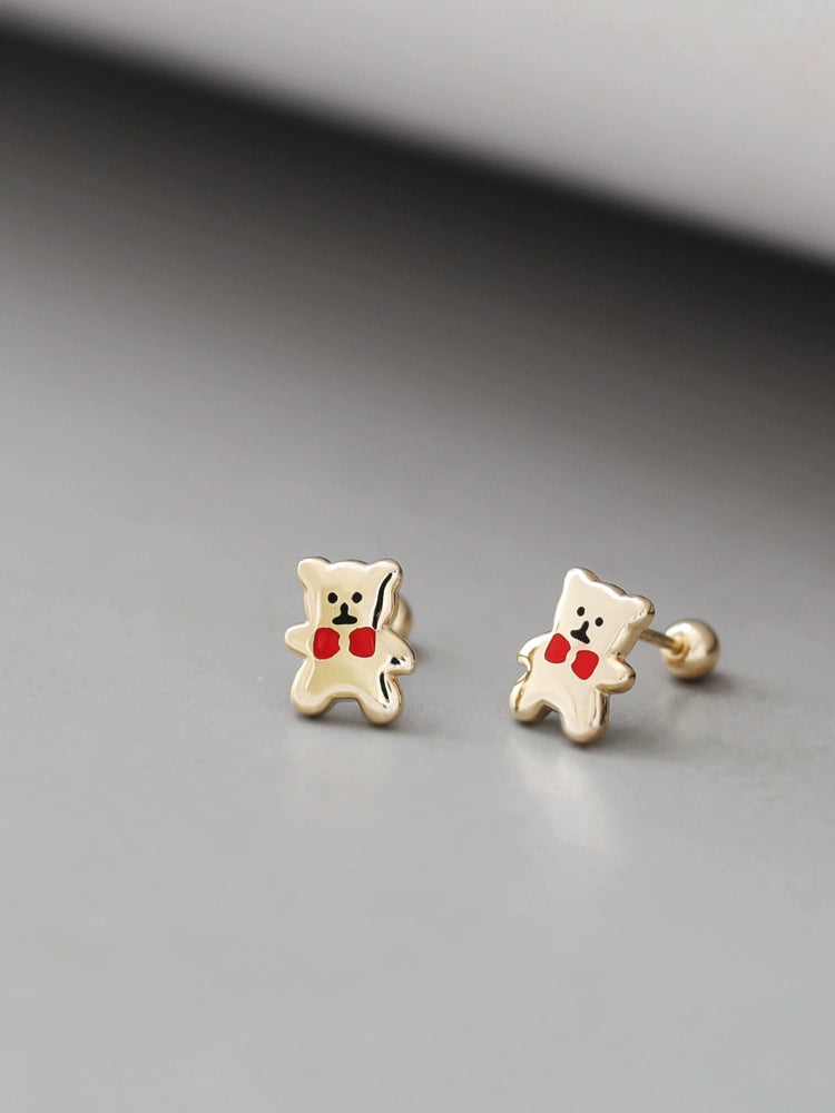 Red Tie Bear Plate Stud Earrings