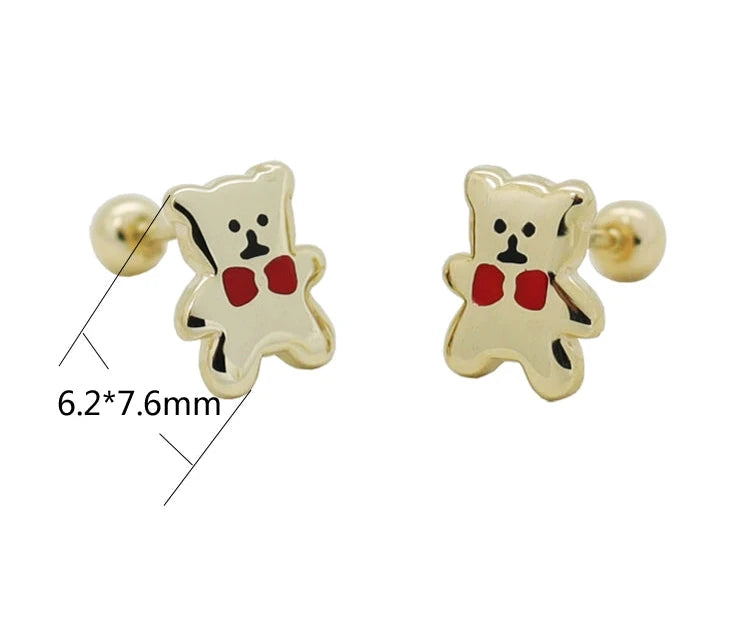 Red Tie Bear Plate Stud Earrings