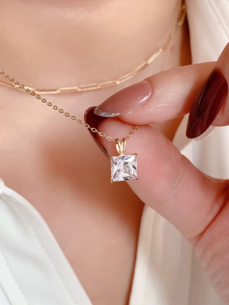 White Moissanite Square Charm Necklace