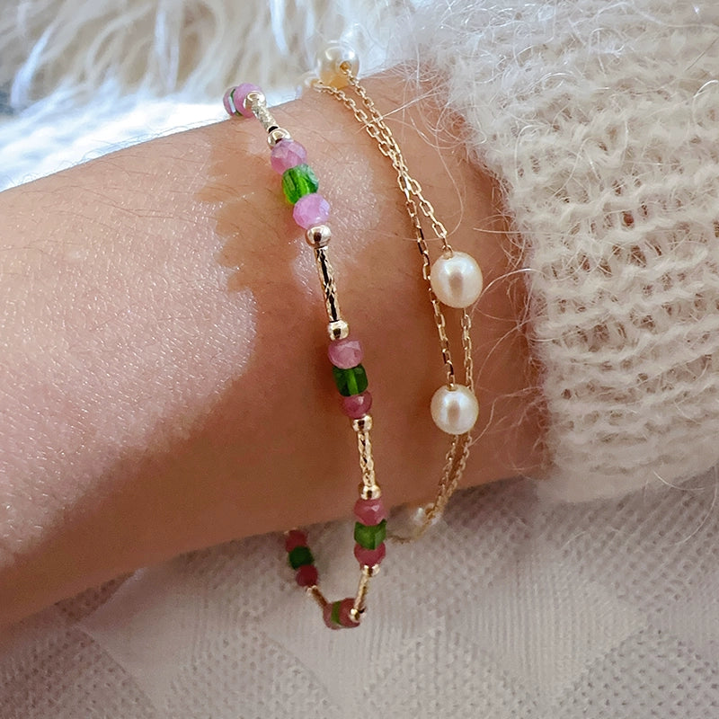 Trio Pink & Green Beaded Bangle Bracelet